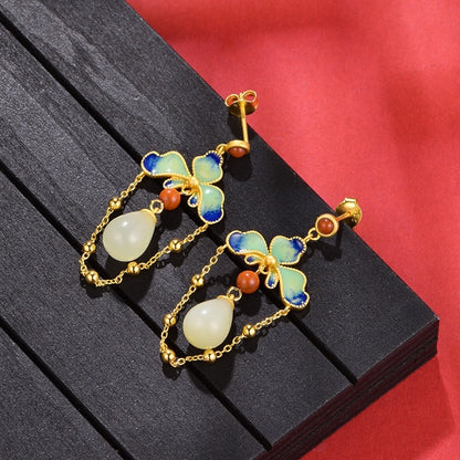 Women's Retro Chinese Style Hetian Jade S925 Silver Earrings Sense