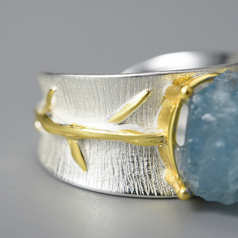 S925 Women's Long Leaf Aquamarine Ring