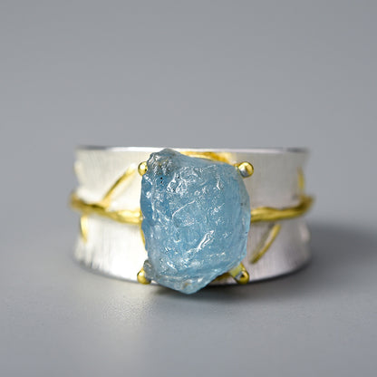 S925 Women's Long Leaf Aquamarine Ring