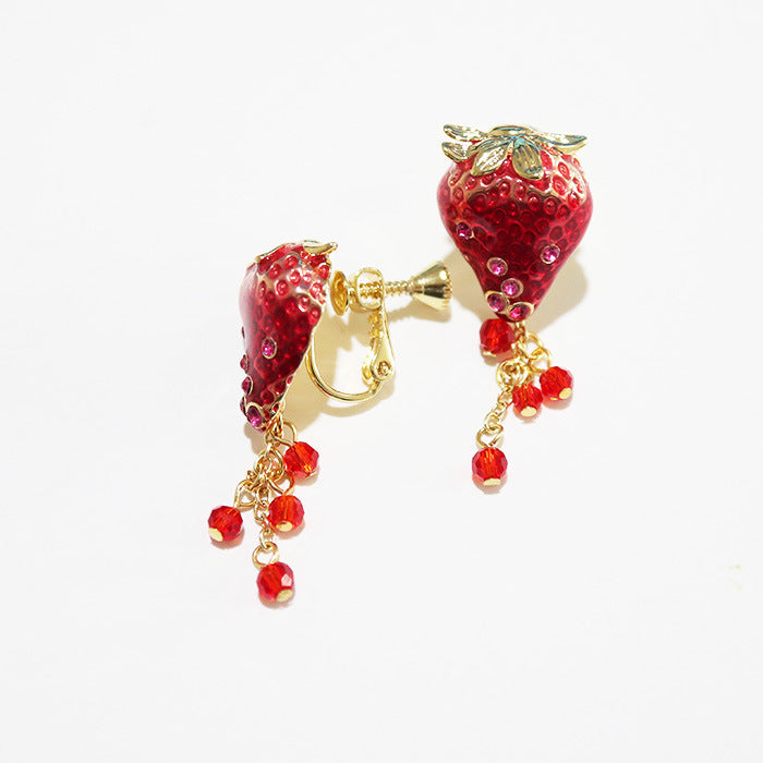 Enamel Dripping Fruit Strawberry Diamond Tassel Sterling Silver Needle Earrings