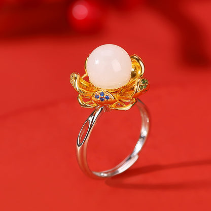 Sterling Silver Gold-plated White Jade Field Lotus Round Bead Ring