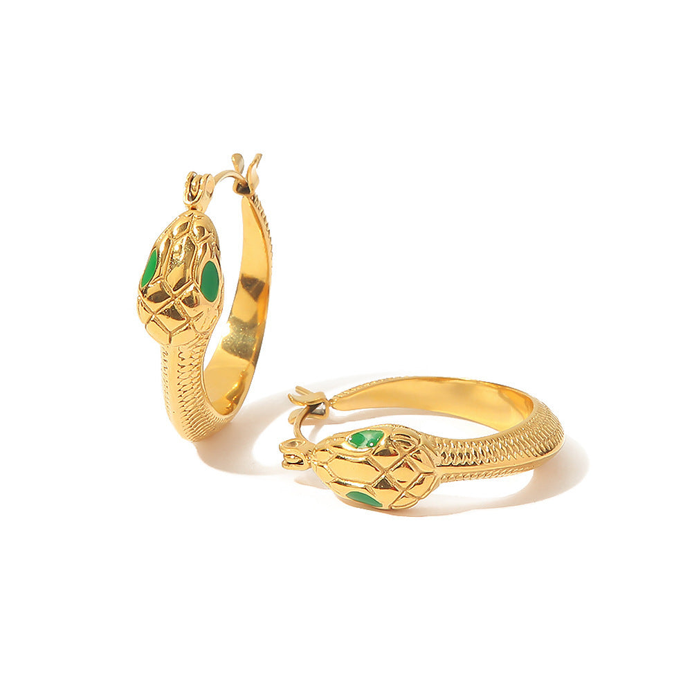 Snake-shaped Green Eye Stainless Steel Earrings
