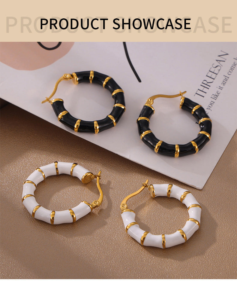 Oil Dripping Metal Stitching Titanium Steel 18K Gold Plating Ear Ring Bamboo Color Retaining Earrings