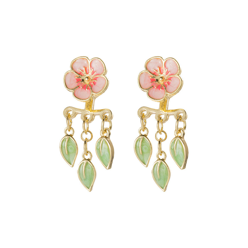 Enamel Drop Oil Peach Blossom Leaf-shapepd Stud Earrings