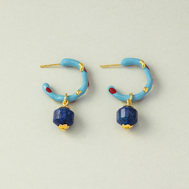 Coral Enamel Glaze Natural Lapis Lazuli Earrings