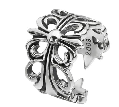 Bague en argent sterling S925 avec croix et fleur