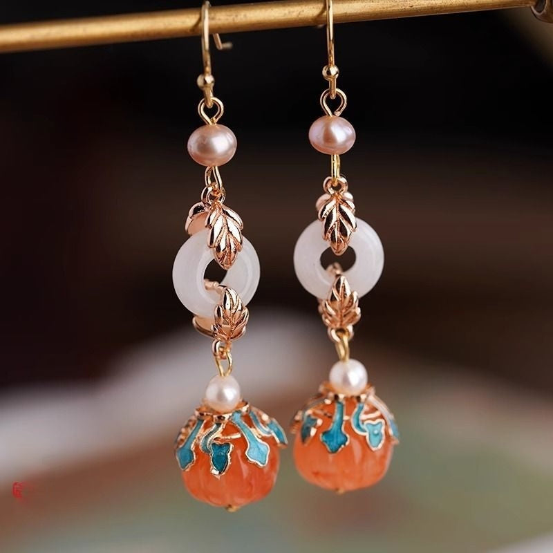 Boucles d'oreilles élégantes en perles de citrouille orange de style ethnique chinois