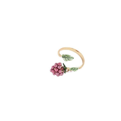 Hand Painted Enamel Glaze Purple Pearl Raspberry Flower Green Leaf Open Ring