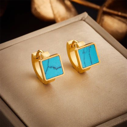 Fashion Special-interest Retro Simple Square Geometric Turquoise Titanium Steel Earrings