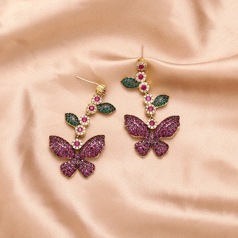 Personality Super Fairy Butterfly Earrings Micro-inlaid Zircon Leaf Flower Long Tassel Earrings Temperament Goddess