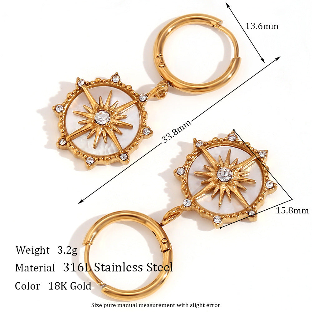 Fashion Personalized Minority Retro Compass Earrings Stainless Steel Eight Awn Star Pendant Earrings