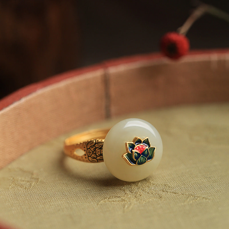 Gold Inlaid Hetian Jade Enamel Lotus Open Ring For Women