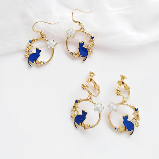 Cute Blue  Kitten Earrings Simple Drip Oil