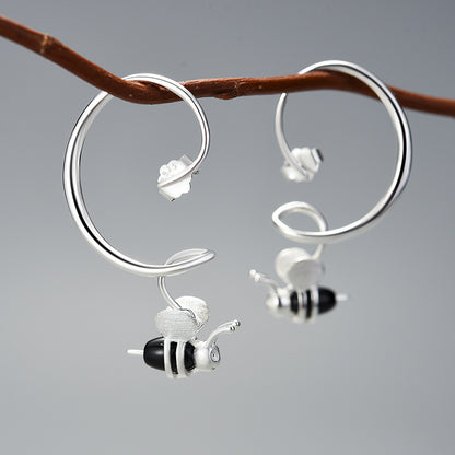 Handmade S925 Sterling Silver Curved Long Bee Earrings