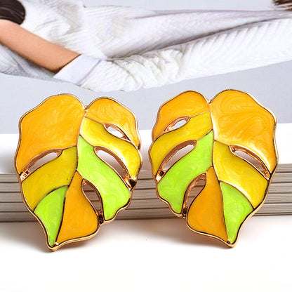 Fashion Alloy Enamel Leaf Dripping Metal Earrings