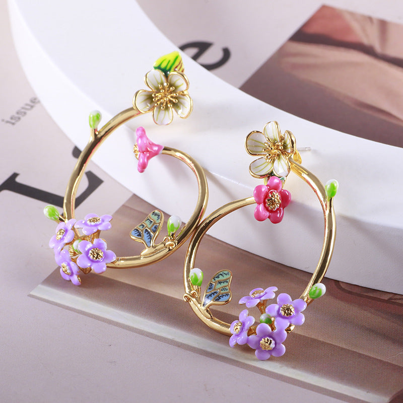 Boucles d'oreilles détachables à double usage en forme de papillon et de fleur en émail peint à la main plaqué or