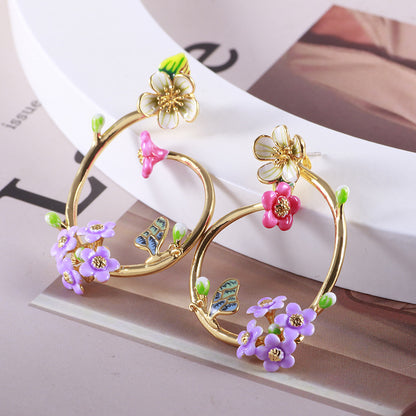 Mori Style Hand Painted Enamel Glaze Flower Romantic Butterfly Detachable Dual-use Earrings