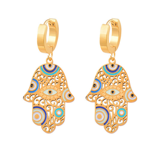 18k gold plated Buddha Hand Enamel Craft Blue Eyes Hollow Stainless Steel Earrings