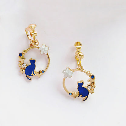 Cute Blue  Kitten Earrings Simple Drip Oil