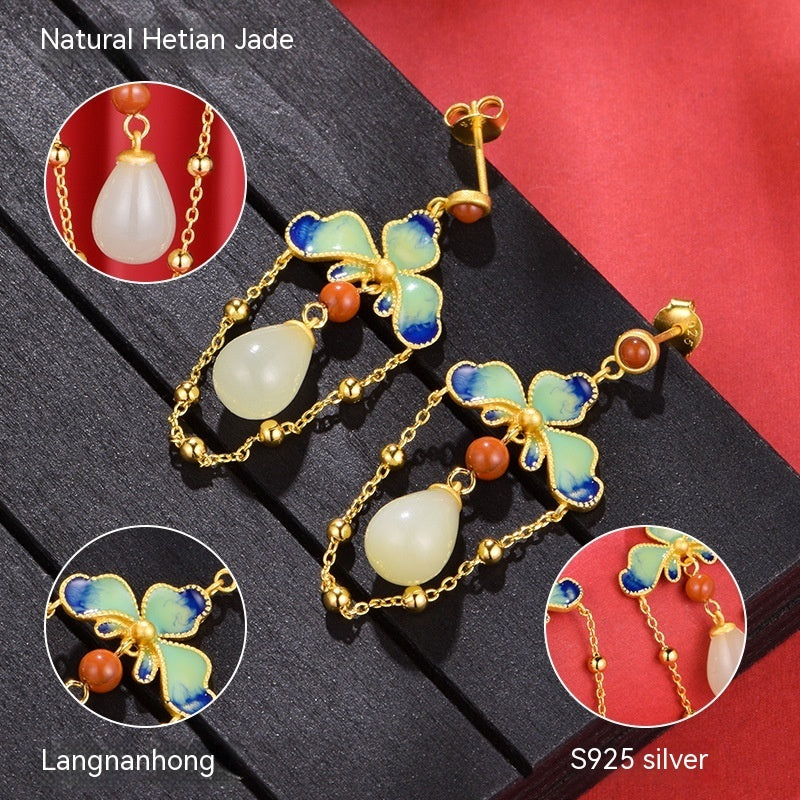 Women's Retro Chinese Style Hetian Jade S925 Silver Earrings Sense