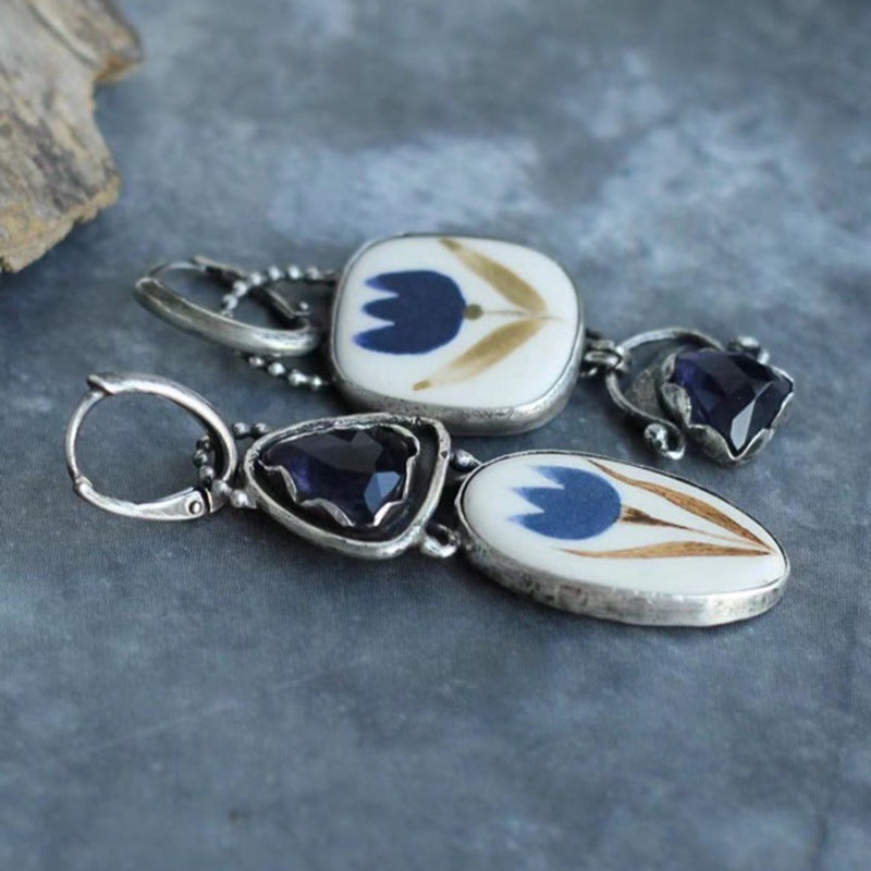 Geometric Enamel Jeweled Earrings Creative Dark Blue
