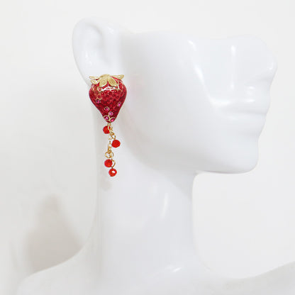 Enamel Dripping Fruit Strawberry Diamond Tassel Sterling Silver Needle Earrings